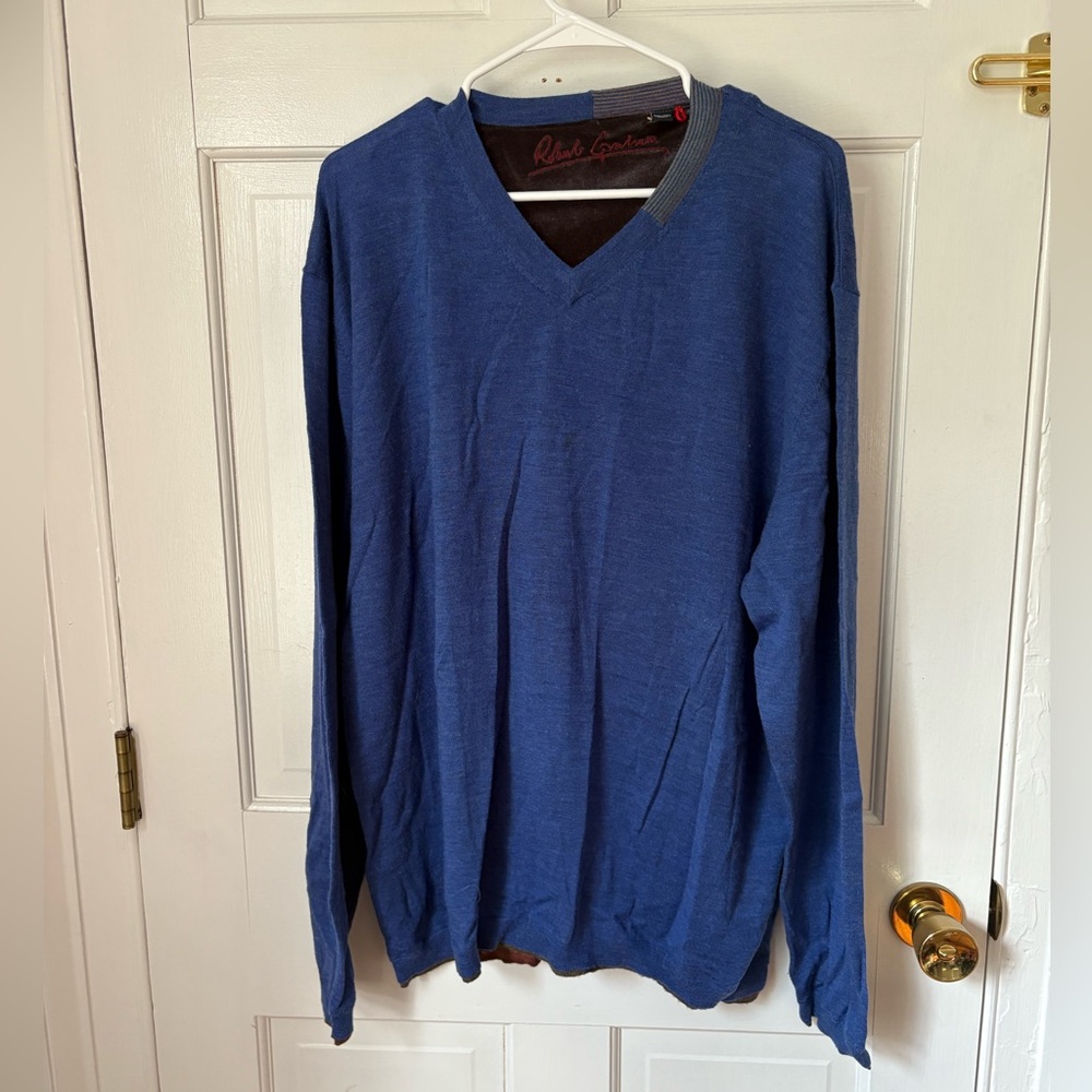 Robert Graham 100% Wool V-Neck Long Sleeve Sweater Blue Brown Hem Men’s Size 3XL